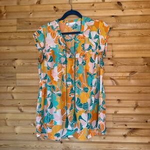 Blouse Sleeveless Tropical Orange Green Floral Women’s Size Medium V-Neck Pool